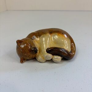 Vintage 90s Sleeping Brown Cat Ceramic Figurine Shelf Sitter Eclectic Decor 90s